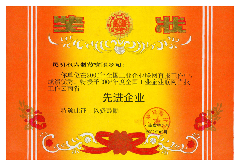 ２００６年度全國工業(yè)企業(yè)聯(lián)網(wǎng)直報云南先進單位