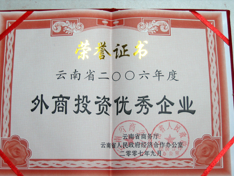 2006年度“外商投資優(yōu)秀企業(yè)”證書